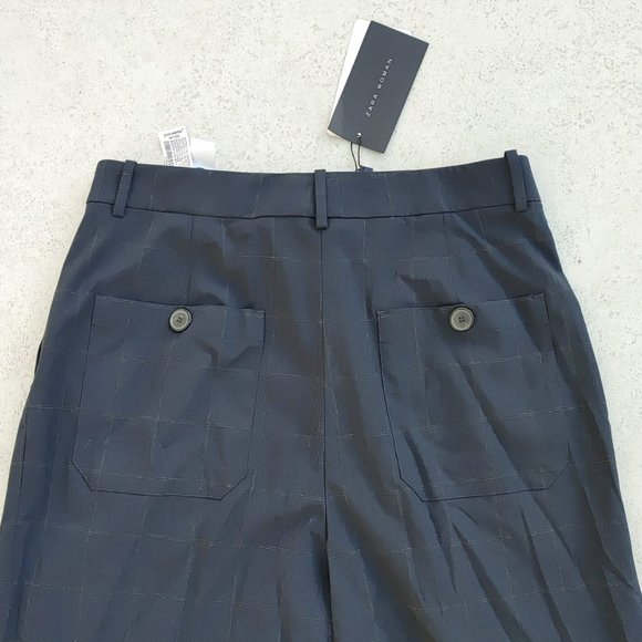 NWT Zara PLEATEDWIDE LEGS NAVY PLAID MINIMALIST CROPPED TROUSERS PANTS. M - Picture 3 of 6